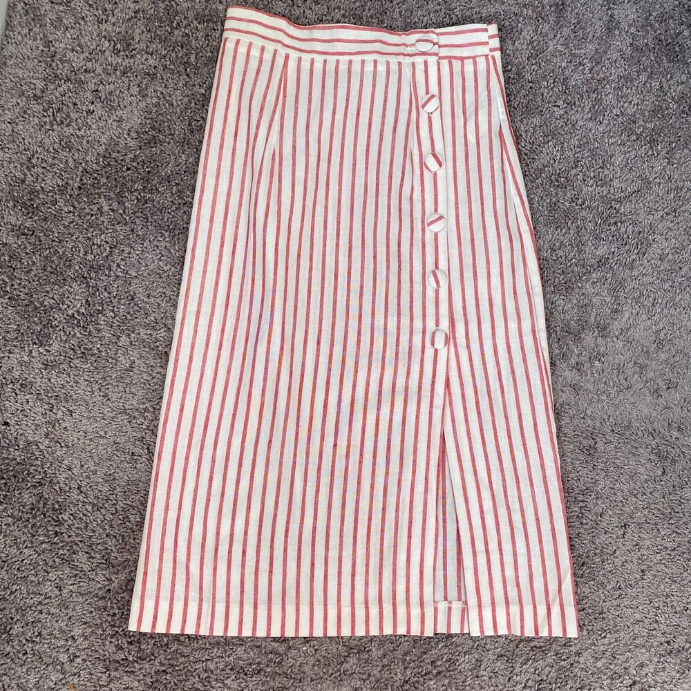 Forever 21 Red White Striped Linen Blend Side Button Midi Skirt Size Small